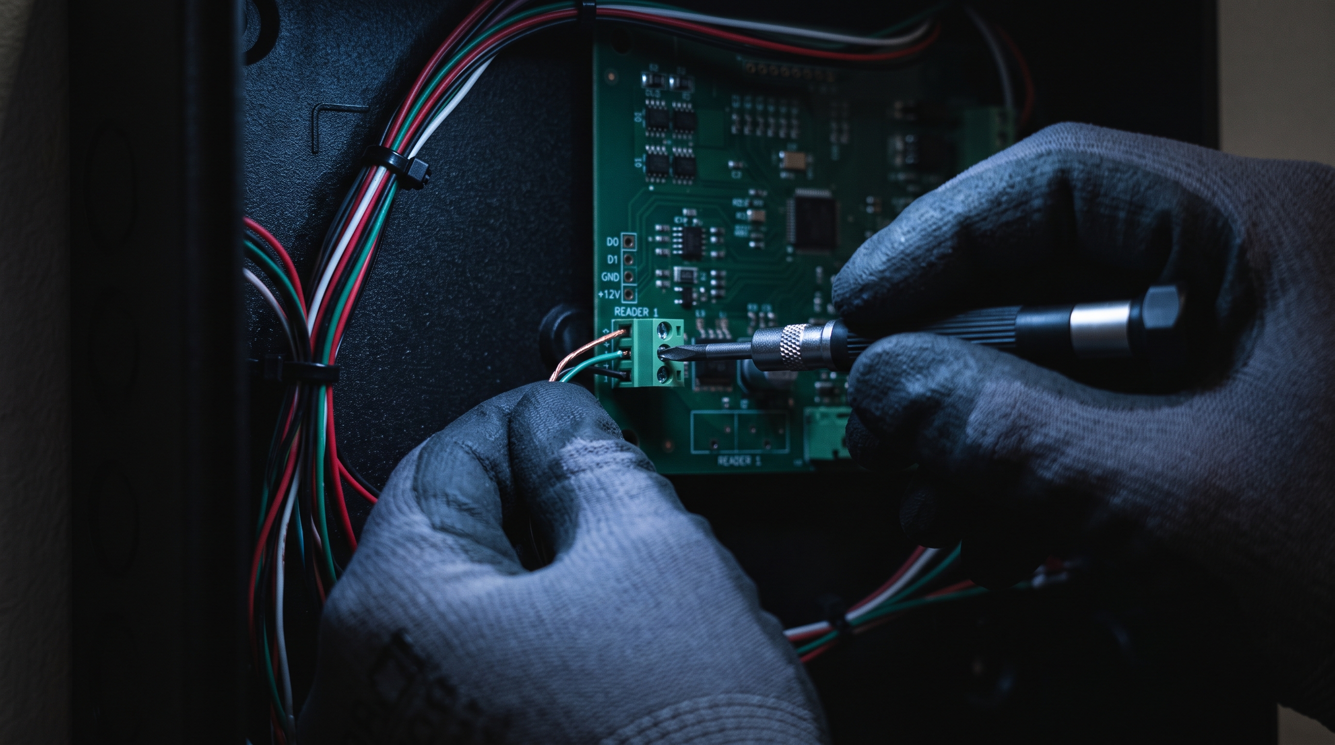 IVCOMM technician terminating wires on-site during a security installation